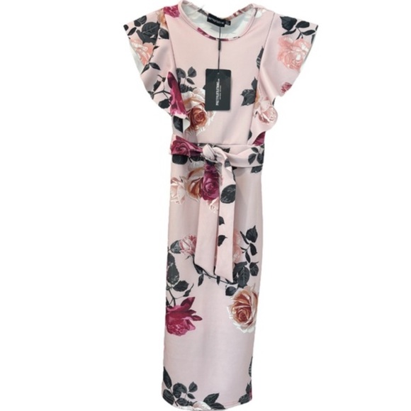 Floral Print Ruffle Detail Midi Dress Romantic Flowers Dusty Rose Pink Size 4 - Picture 5 of 16